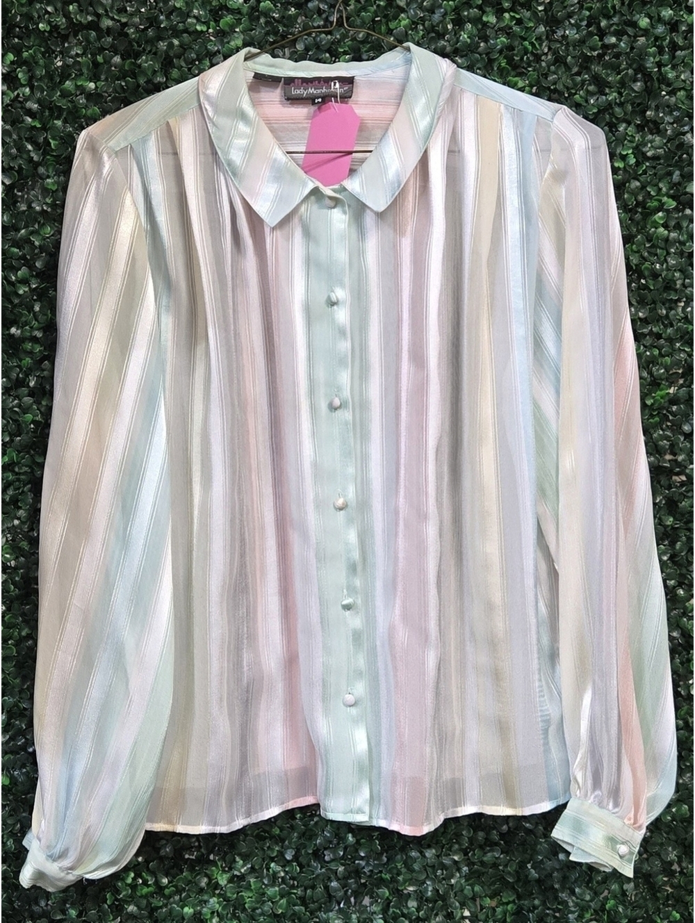 Lady Marshall Pastel Stripe Button-Front Vintage Feminine Collared Blouse
